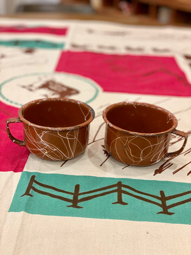 Set of 2 Brown Enamelware “Coffee Caddy” Ranch Coffee Mugs