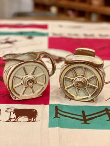 Frankoma Desert Sand Wagon Wheel Creamer & Sugarer Set